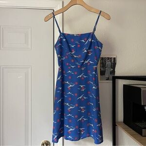 HVN blue bird polka dot silk square neck‎ sleeveless mini dress